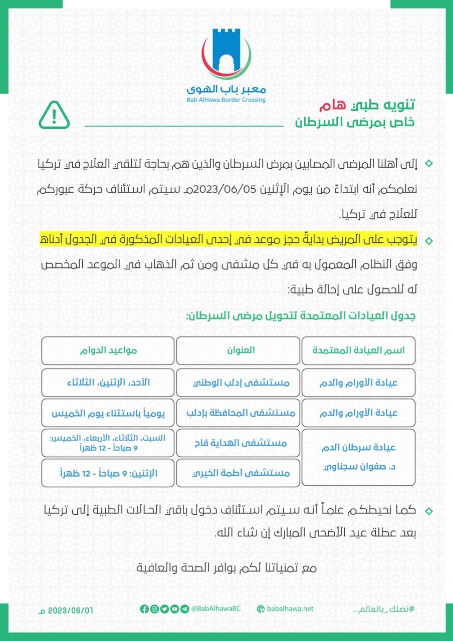 عقب استئناف عبور مرضى السرطان من سورية إلى تركيا.. كيف يتم الحصول على الإحالة؟